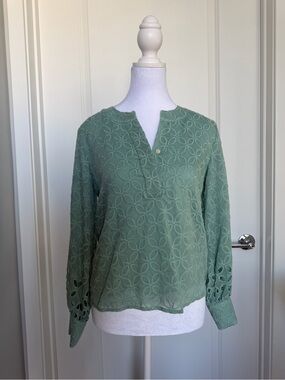 Ann Taylor Sage Eyelet Split-Neck Blouse
